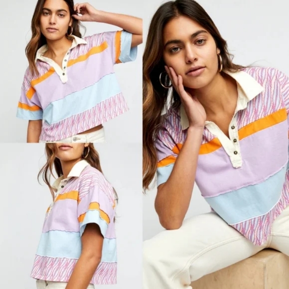 FREE PEOPLE MixPrint BELLA Collar Henley Tee Top - Picture 2 of 7